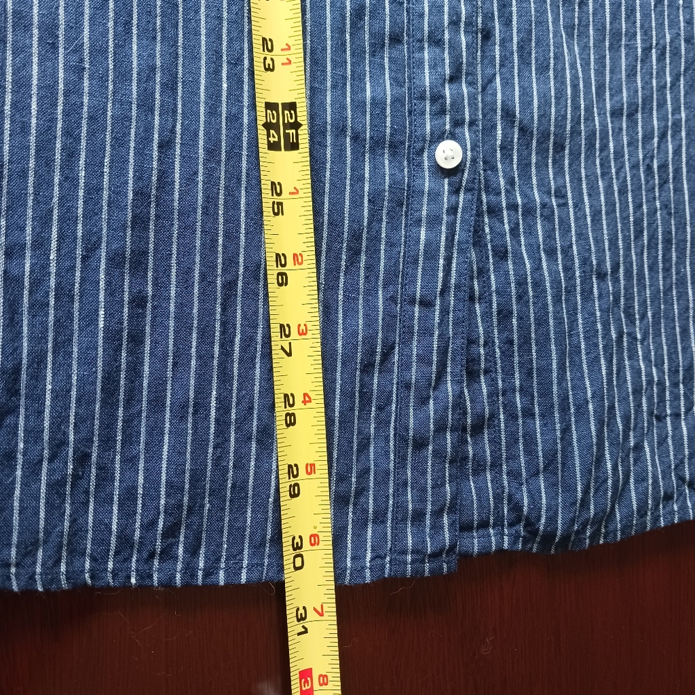 L. L. Bean 100% Linen Button Front Shirt Navy and White Pinstripes 1X EUC - Picture 7 of 9